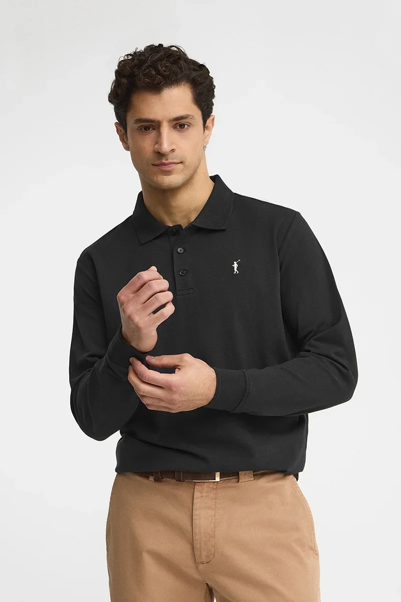 Black long-sleeve regular-fit polo shirt with Rigby Go embroidery