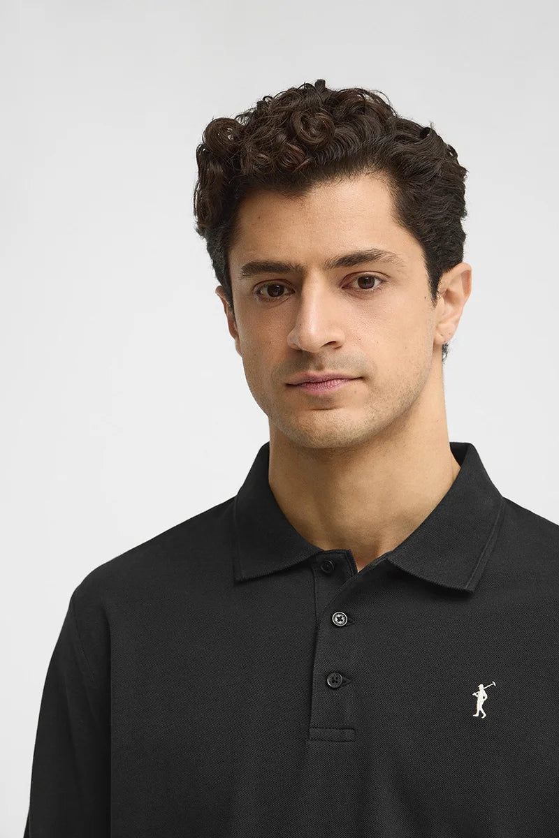 Black long-sleeve regular-fit polo shirt with Rigby Go embroidery - Image 3