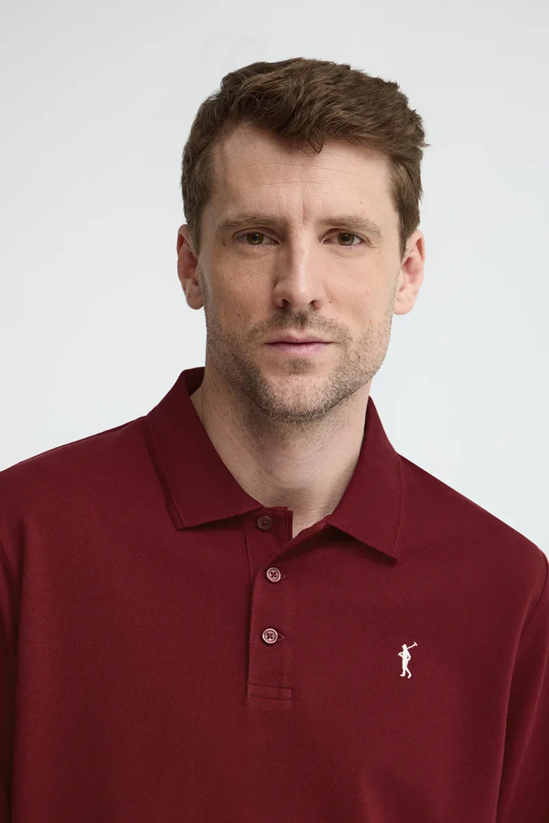 Maroon long-sleeve regular-fit polo shirt with Rigby Go embroidery - Image 3
