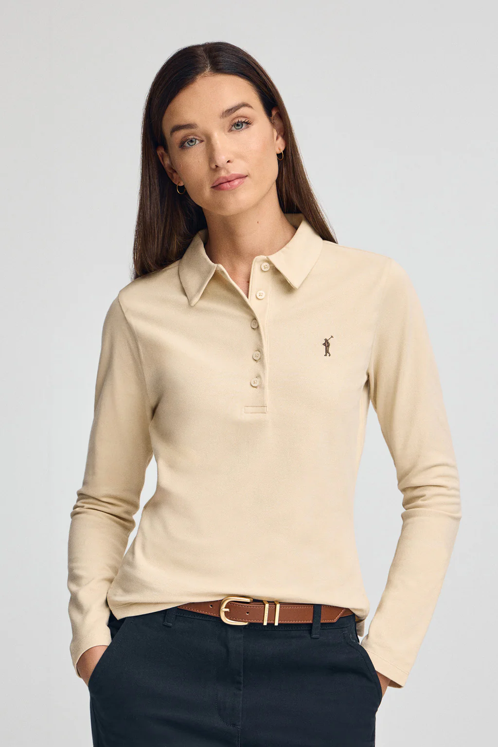 Beige long-sleeve polo shirt with five-button collar and Rigby Go embroidery