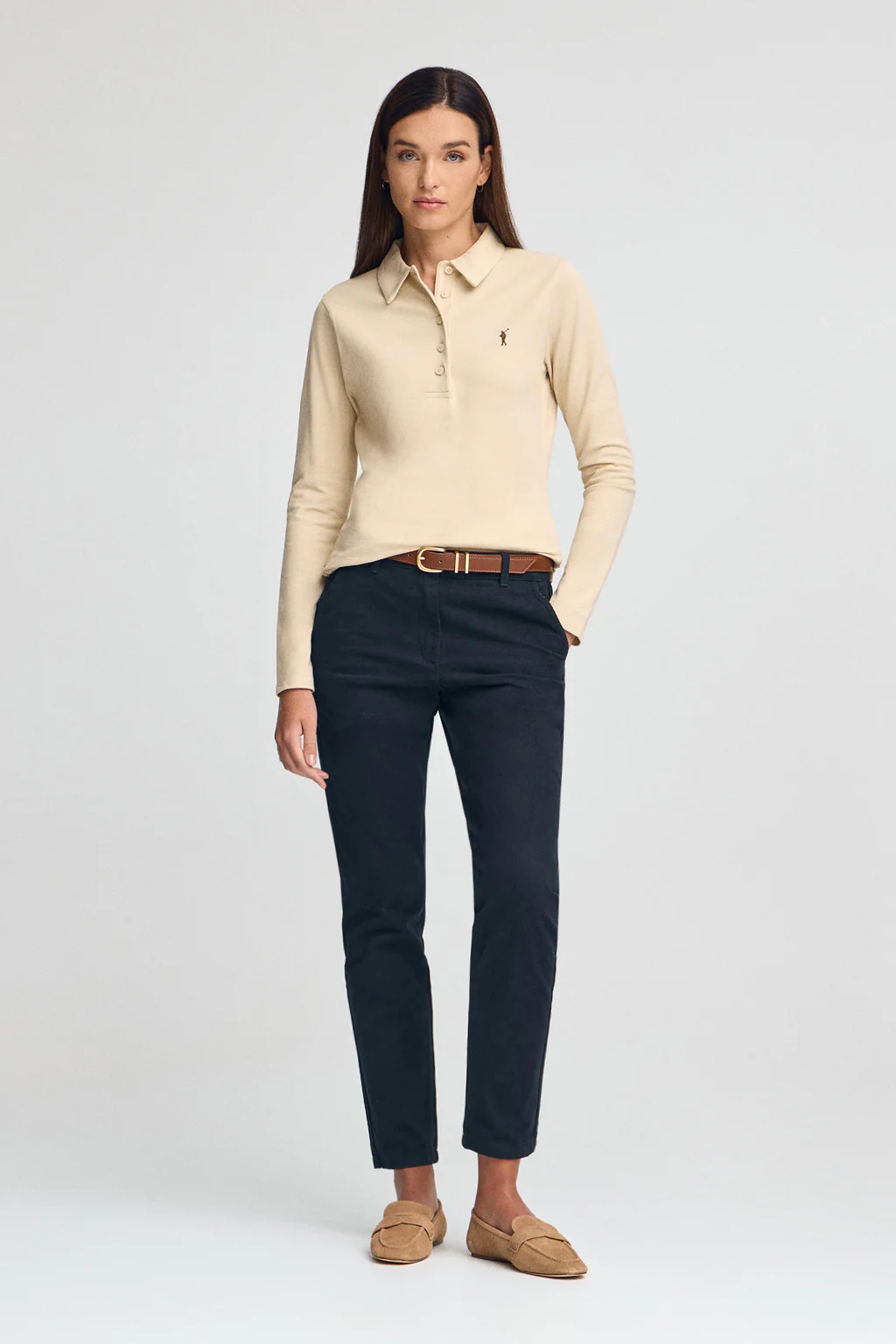 Beige long-sleeve polo shirt with five-button collar and Rigby Go embroidery - Image 3