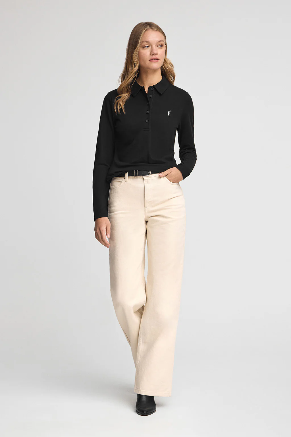 Black long-sleeve polo shirt with five-button collar and Rigby Go embroidery - Image 3