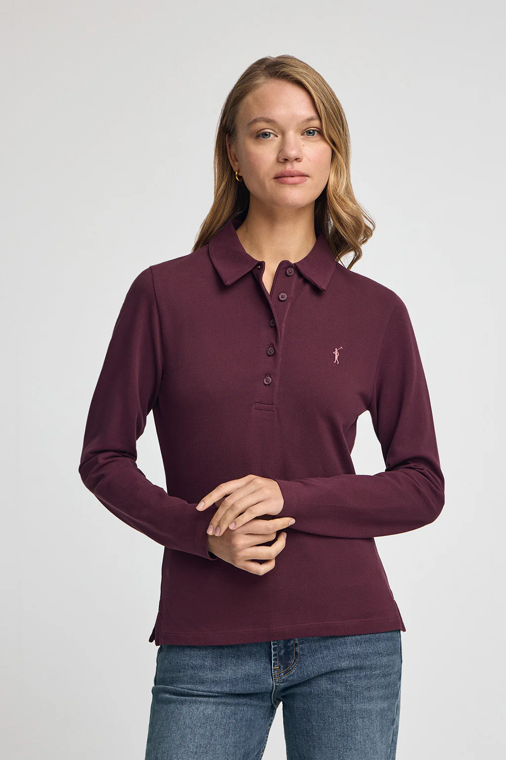 Burgundy long-sleeve polo shirt with five-button collar and Rigby Go embroidery