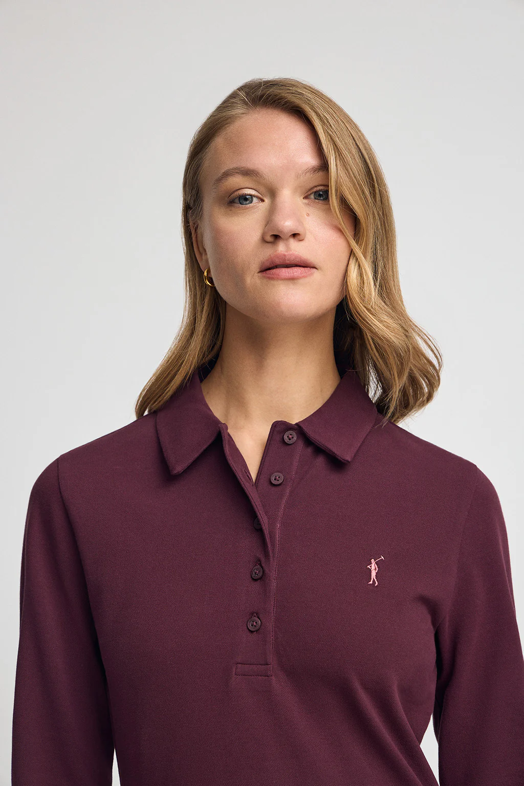 Burgundy long-sleeve polo shirt with five-button collar and Rigby Go embroidery - Image 2
