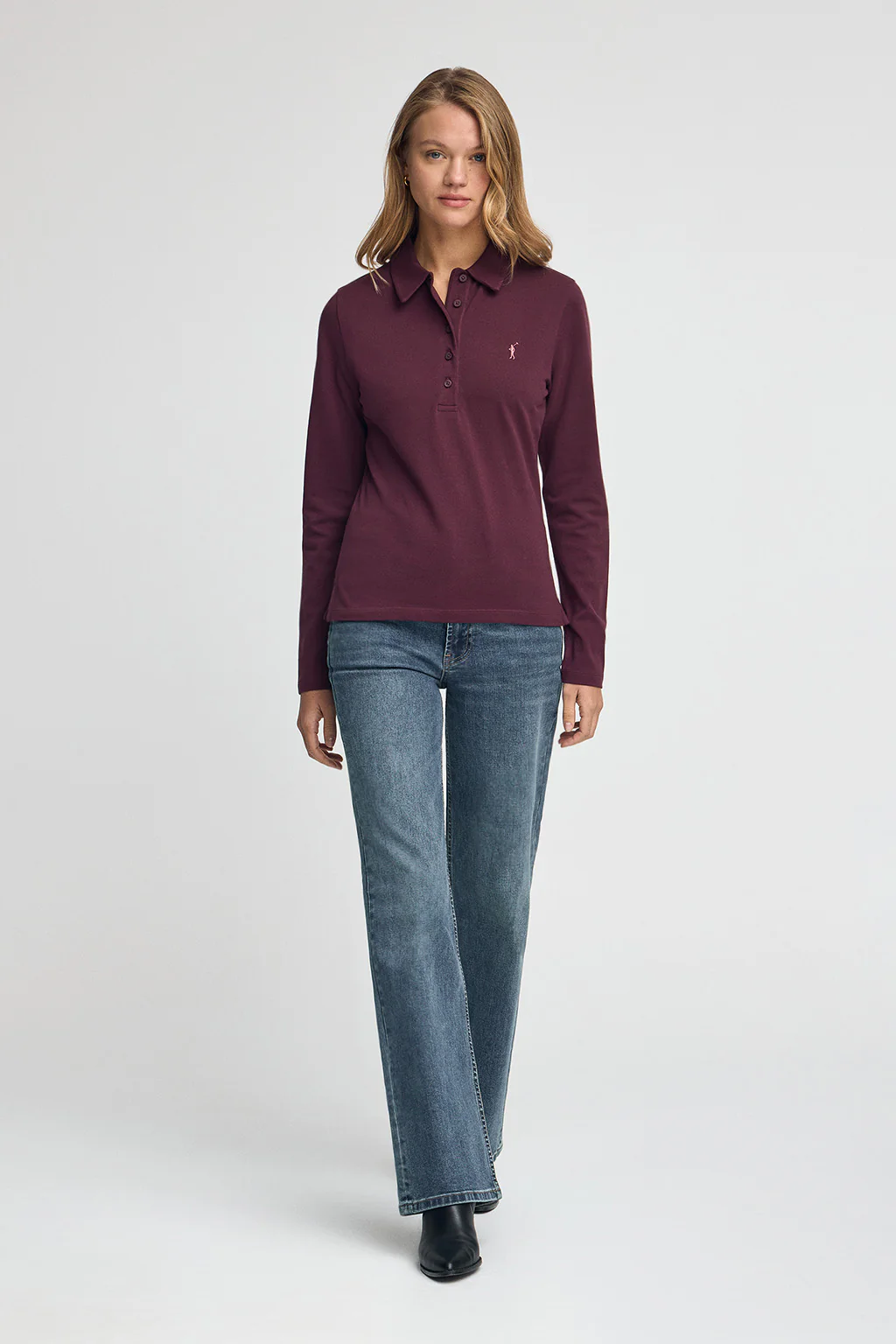 Burgundy long-sleeve polo shirt with five-button collar and Rigby Go embroidery - Image 3