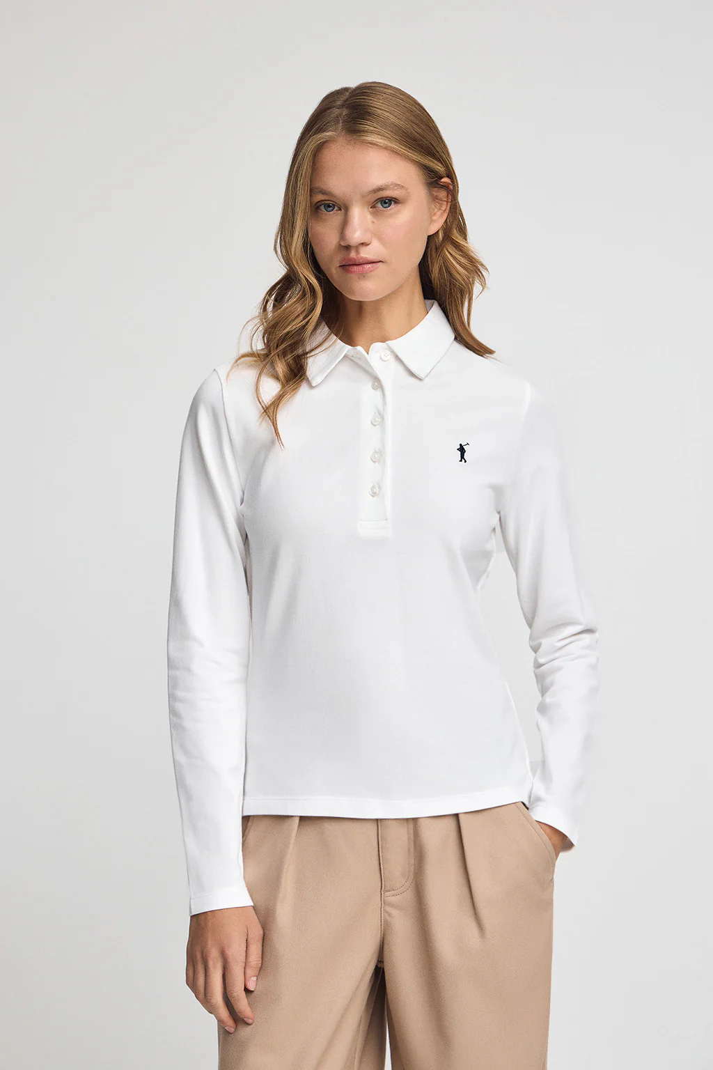 White long-sleeve polo shirt with five-button collar and Rigby Go embroidery