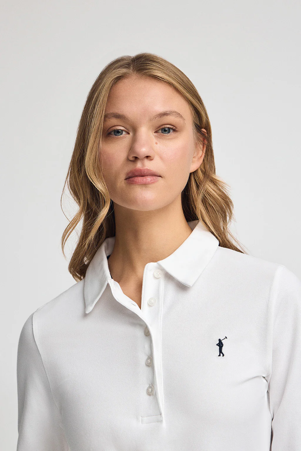 White long-sleeve polo shirt with five-button collar and Rigby Go embroidery - Image 2