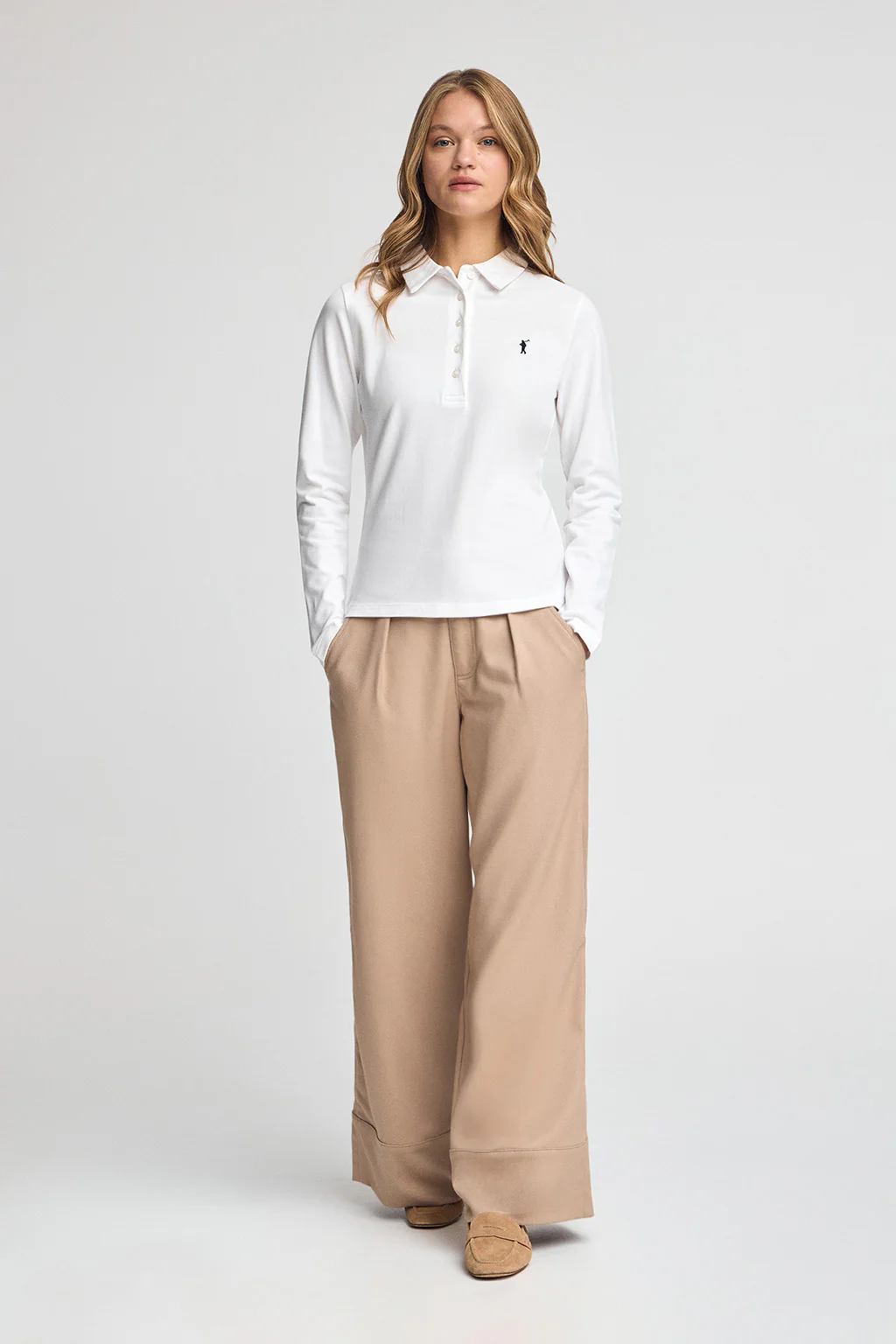 White long-sleeve polo shirt with five-button collar and Rigby Go embroidery - Image 3