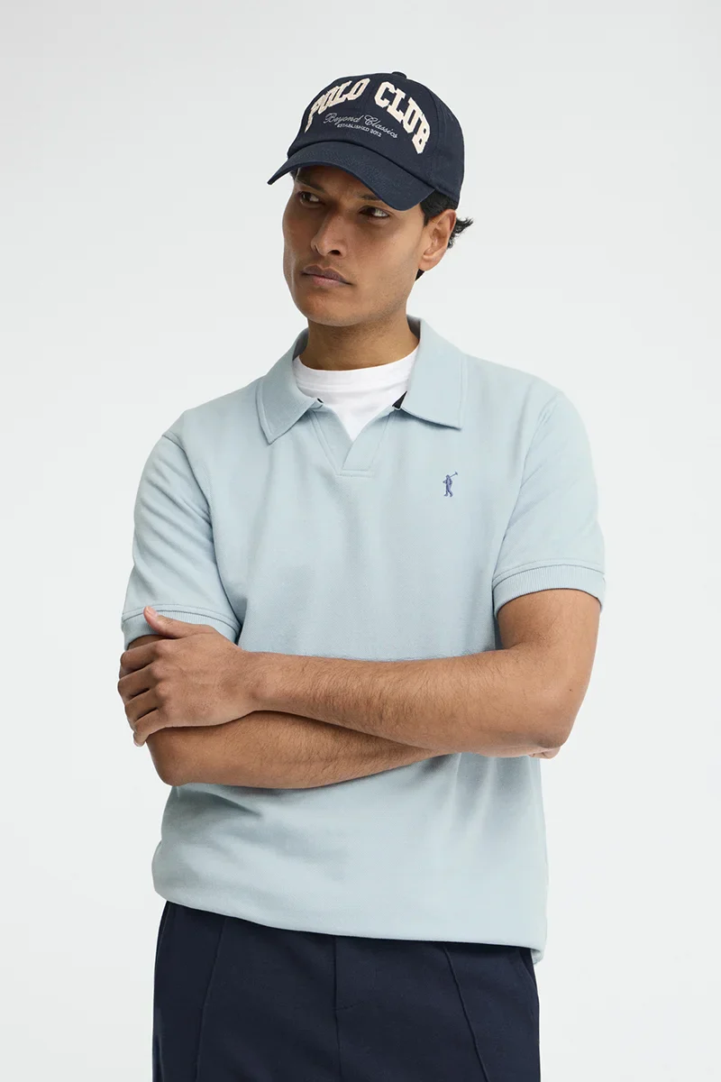 Light-blue micro-structured cotton polo shirt with Rigby Go embroidery - Image 2