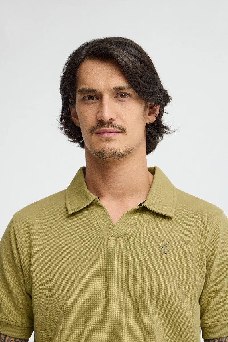 Leaf-green micro-structured cotton polo shirt with Rigby Go embroidery - Image 3