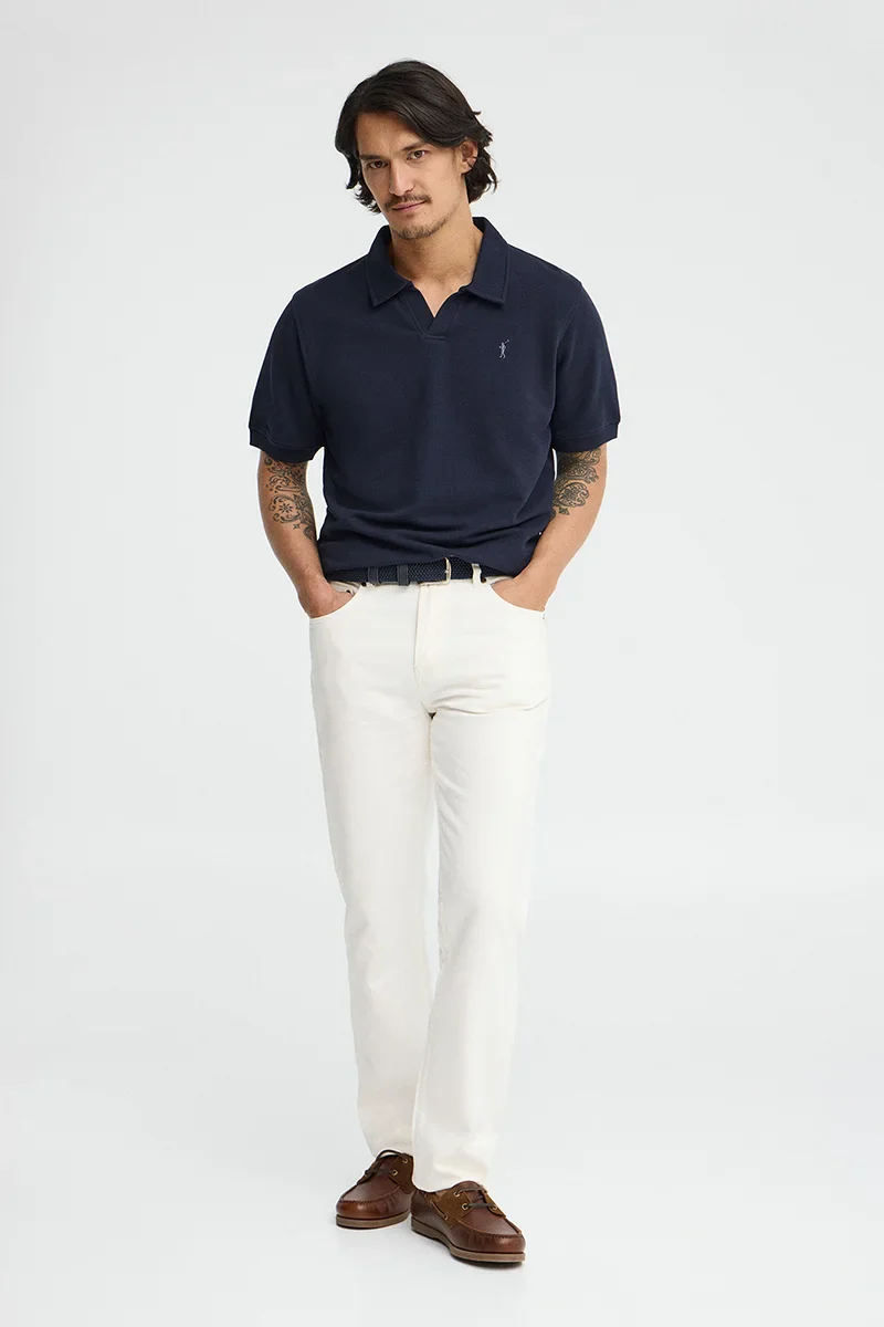 Navy-blue micro-structured cotton polo shirt with Rigby Go embroidery - Image 3