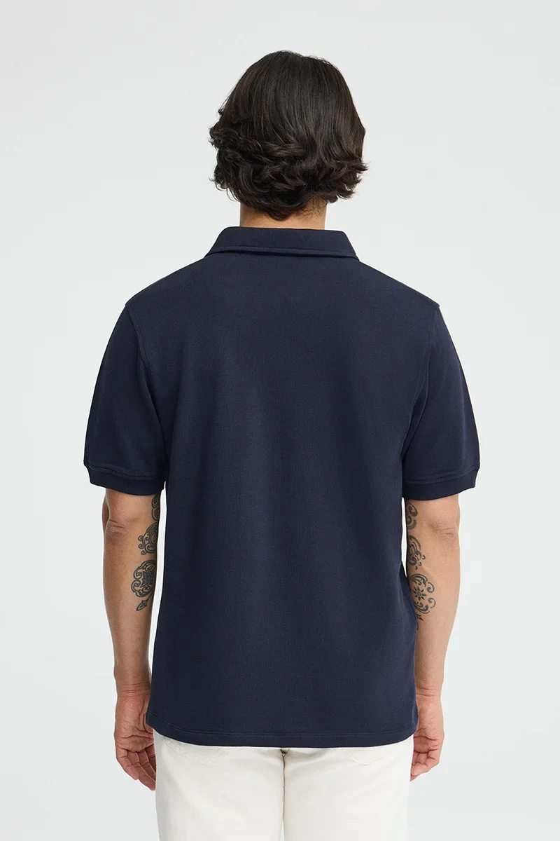 Navy-blue micro-structured cotton polo shirt with Rigby Go embroidery - Image 4