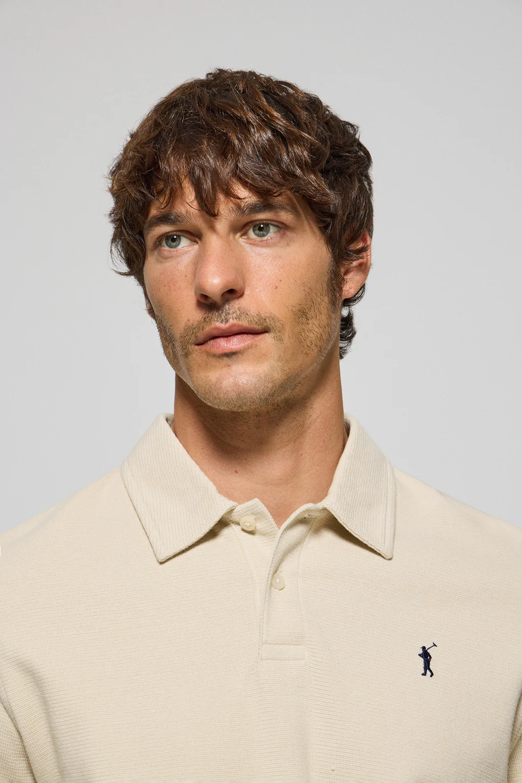 Beige long-sleeve polo shirt with two buttons and Rigby Go logo - Image 3