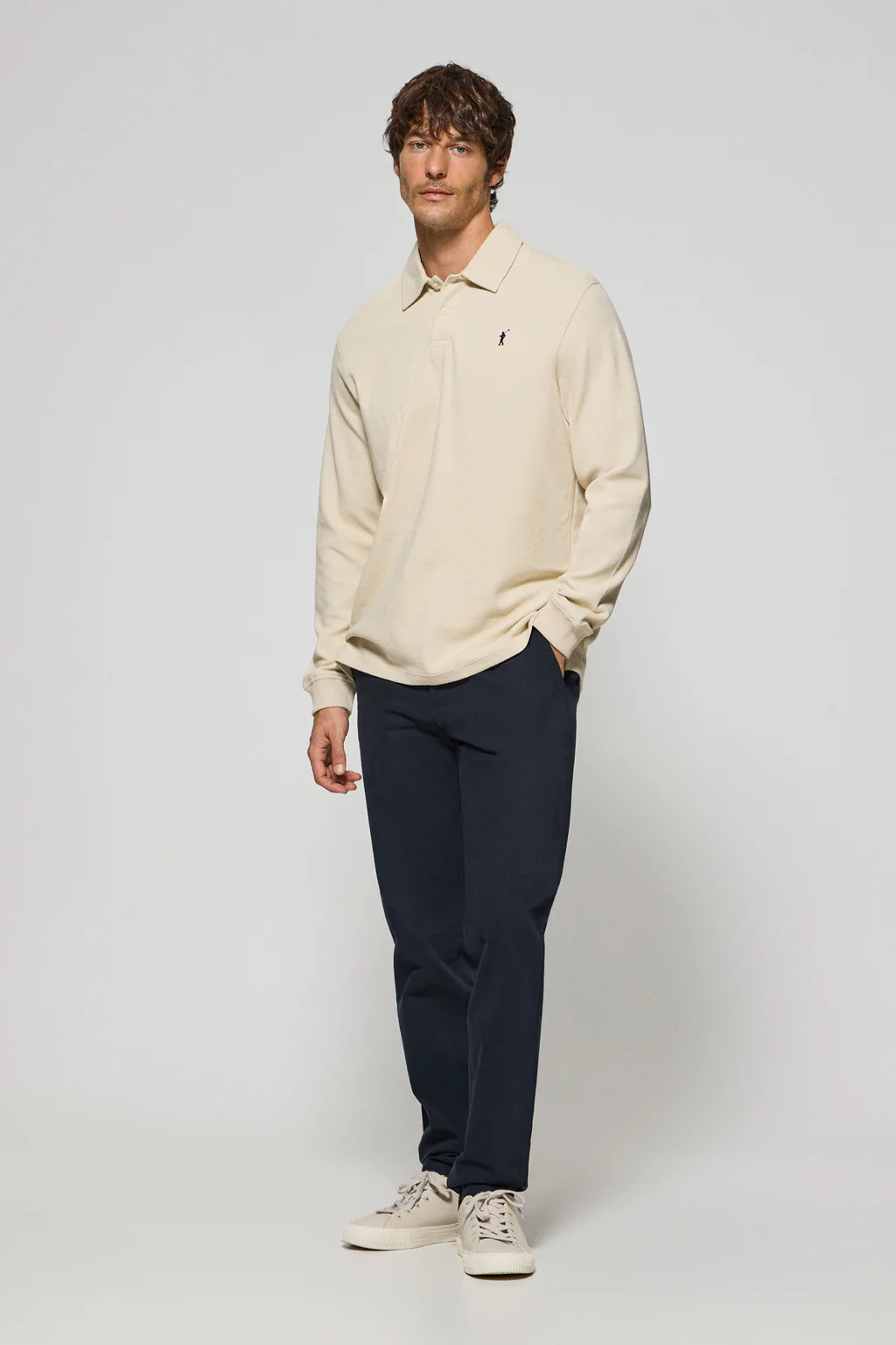 Beige long-sleeve polo shirt with two buttons and Rigby Go logo - Image 4
