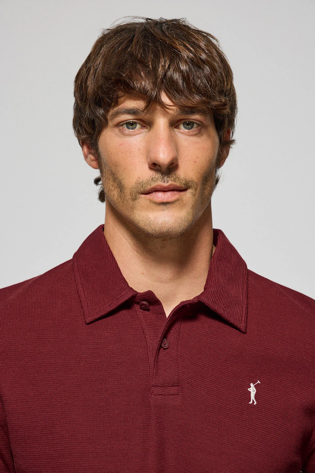 Maroon long-sleeve polo shirt with two buttons and Rigby Go logo - Image 2