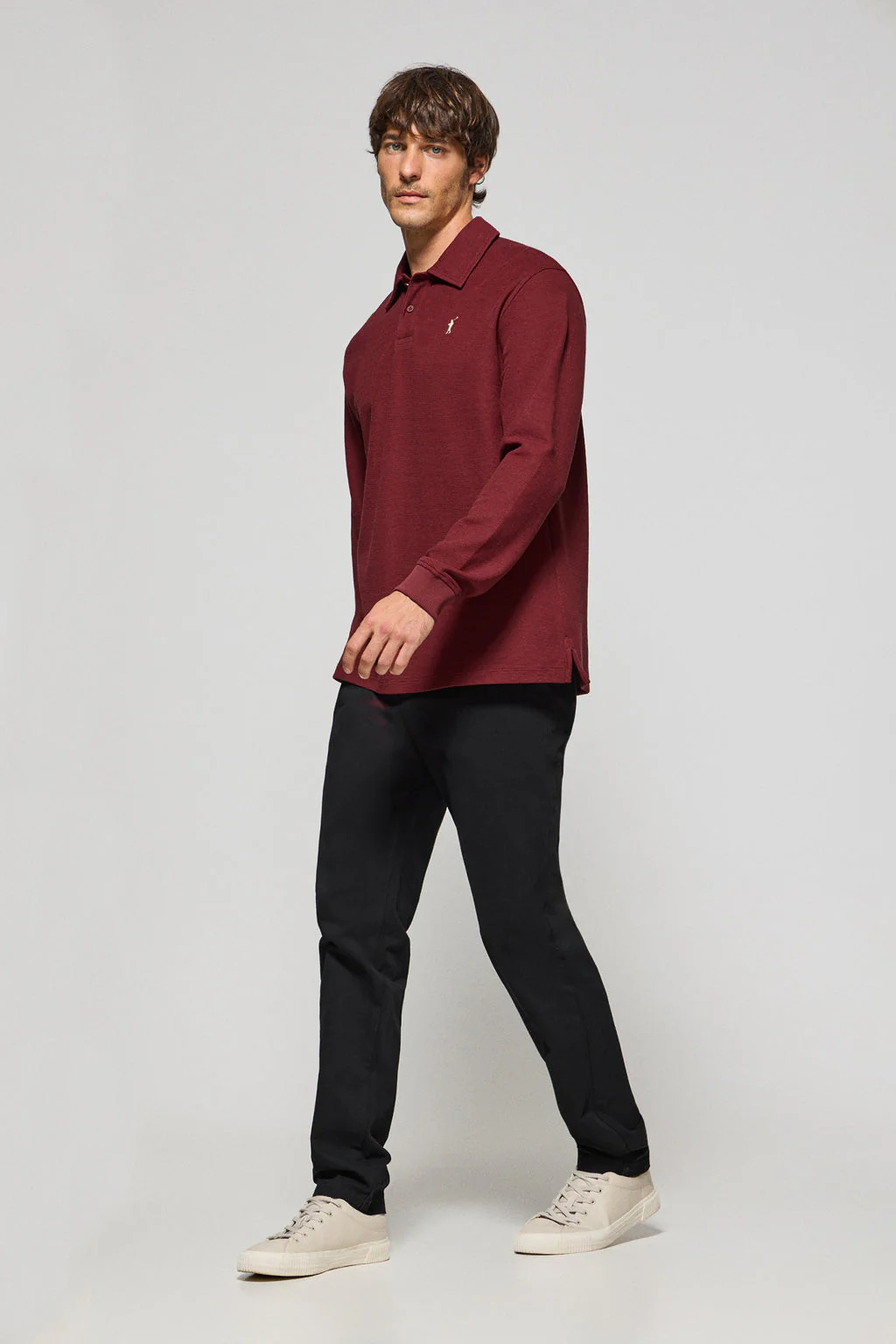 Maroon long-sleeve polo shirt with two buttons and Rigby Go logo - Image 3