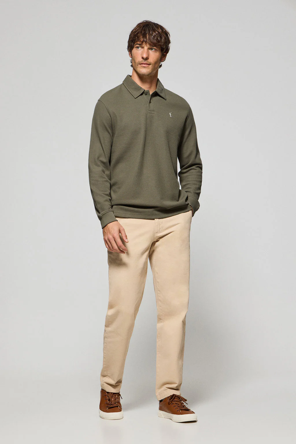 Army-green long-sleeve polo shirt with two buttons and Rigby Go logo - Image 3