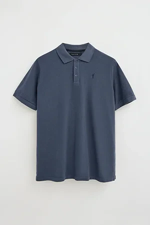 Denim-blue garment-dyed polo shirt with Rigby Go embroidered logo - Image 5