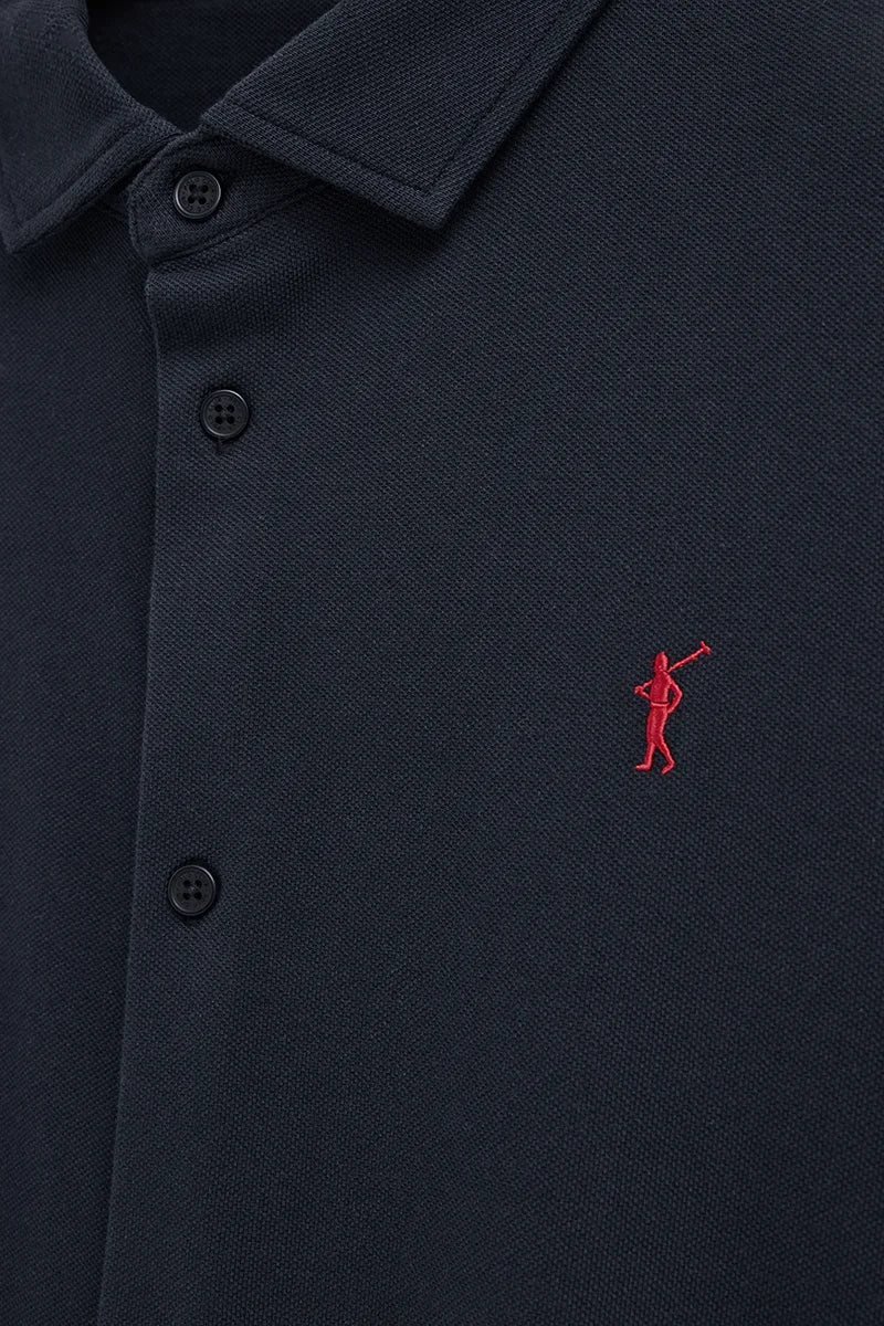 Navy-blue full-button polo shirt with Rigby Go embroidery - Image 2