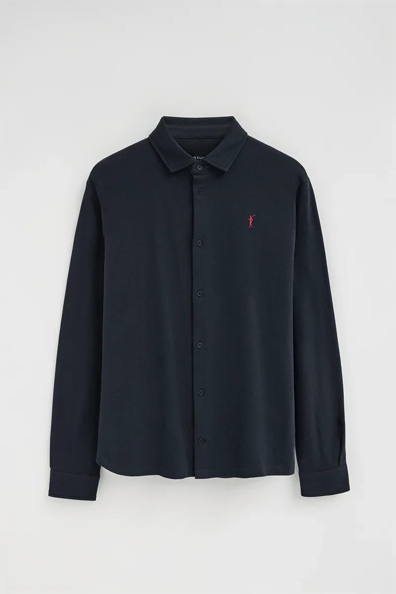 Navy-blue full-button polo shirt with Rigby Go embroidery - Image 4