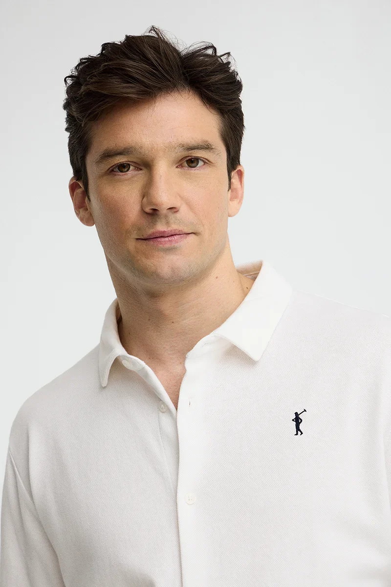 White full-button polo shirt with Rigby Go embroidery - Image 3