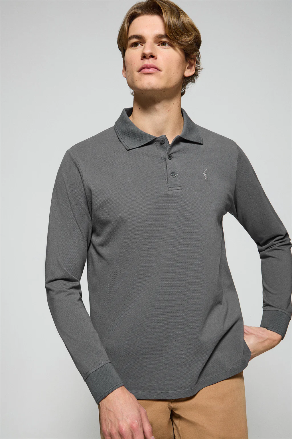 Asphalt-grey long-sleeve polo shirt with three buttons and Rigby Go logo