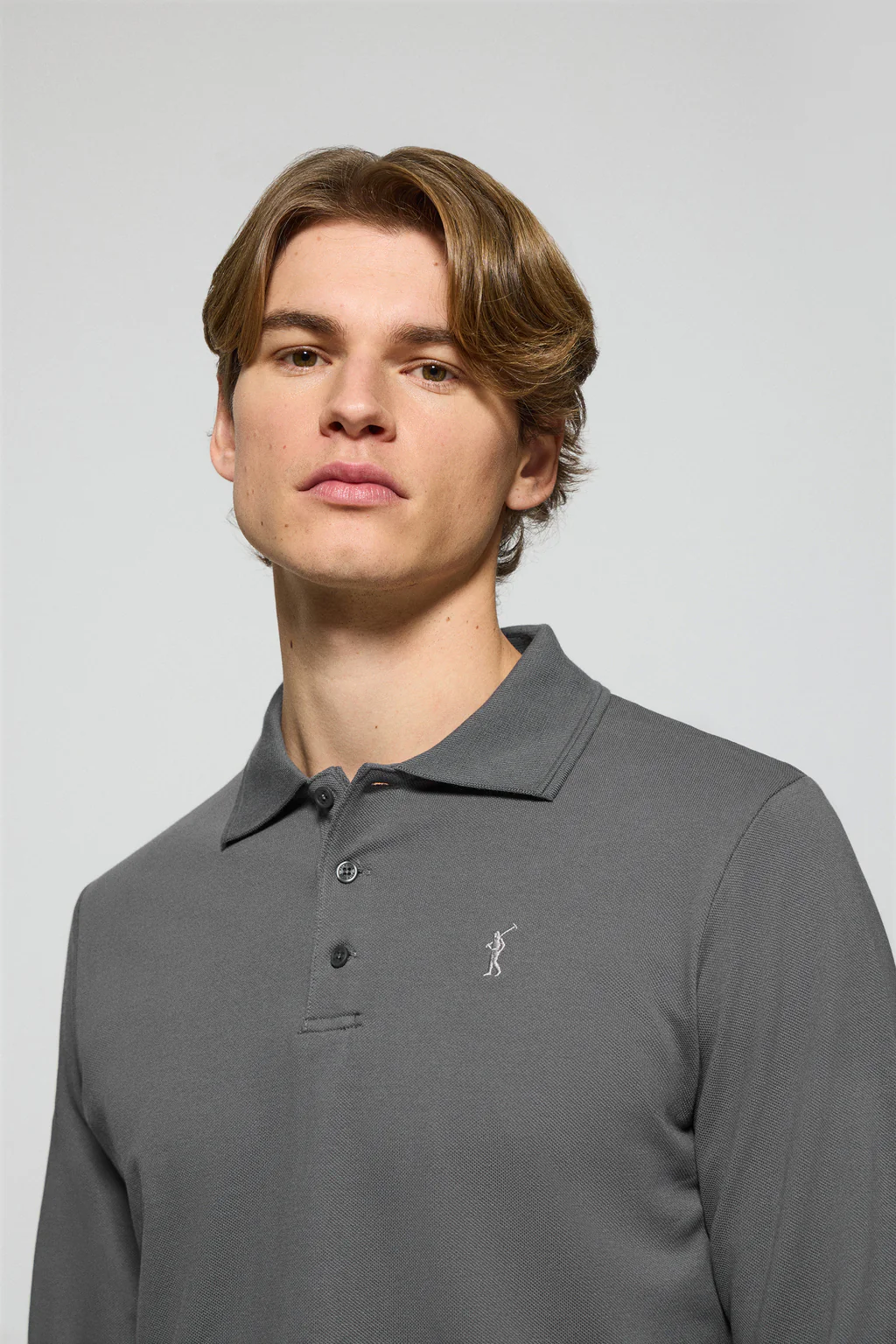 Asphalt-grey long-sleeve polo shirt with three buttons and Rigby Go logo - Image 3