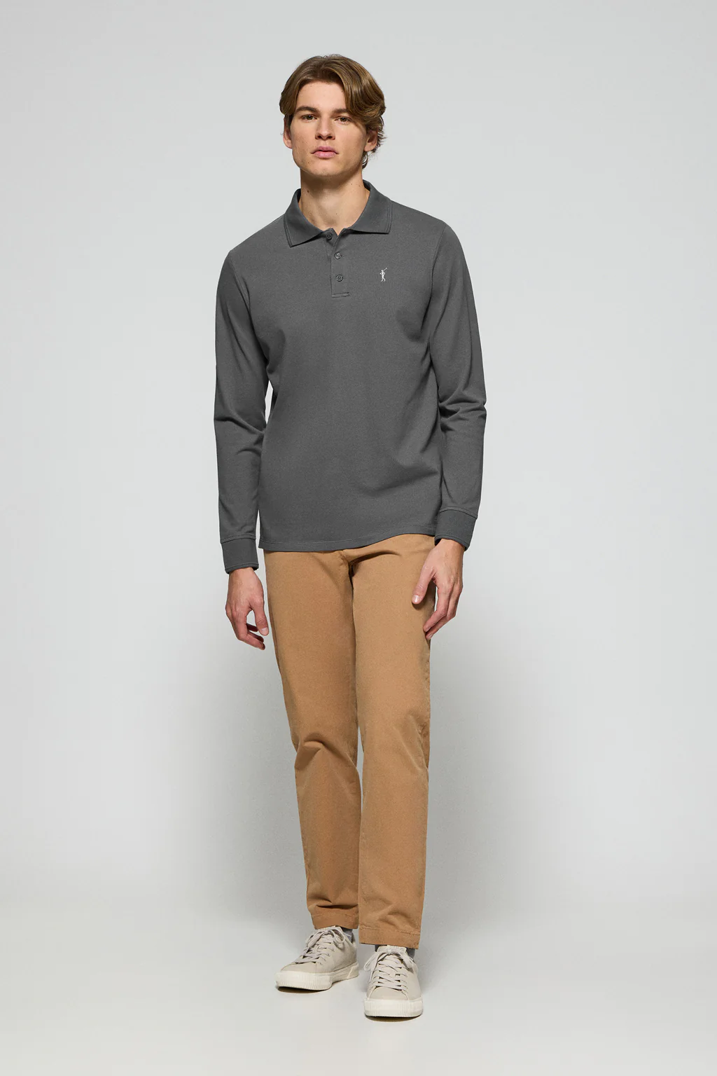 Asphalt-grey long-sleeve polo shirt with three buttons and Rigby Go logo - Image 4