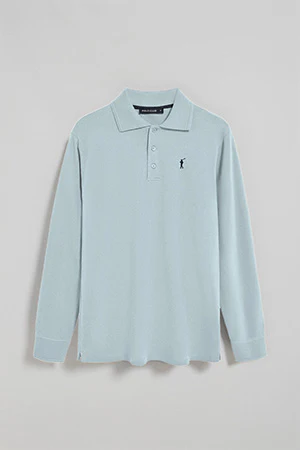 Light-blue long-sleeve polo shirt with three buttons and Rigby Go logo - Image 9