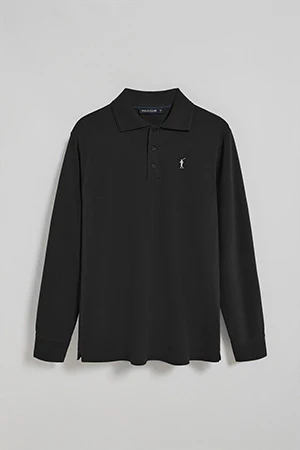 Black long-sleeve polo shirt with three buttons and Rigby Go logo - Image 10