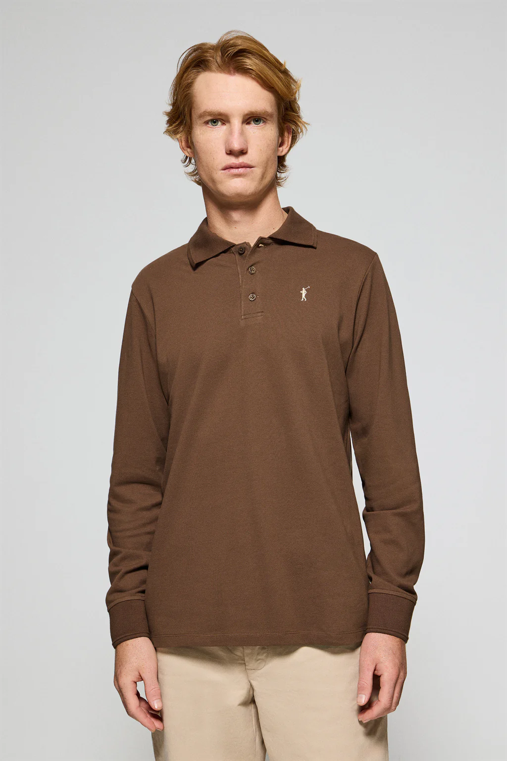 Brown long-sleeve polo shirt with three buttons and Rigby Go logo