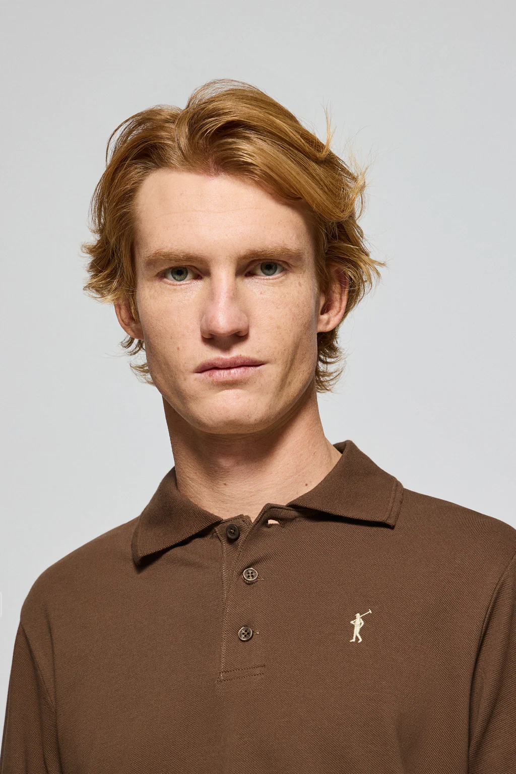 Brown long-sleeve polo shirt with three buttons and Rigby Go logo - Image 3