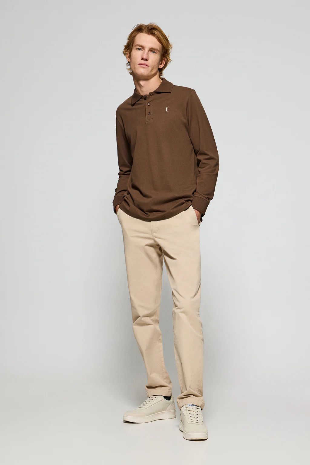 Brown long-sleeve polo shirt with three buttons and Rigby Go logo - Image 4