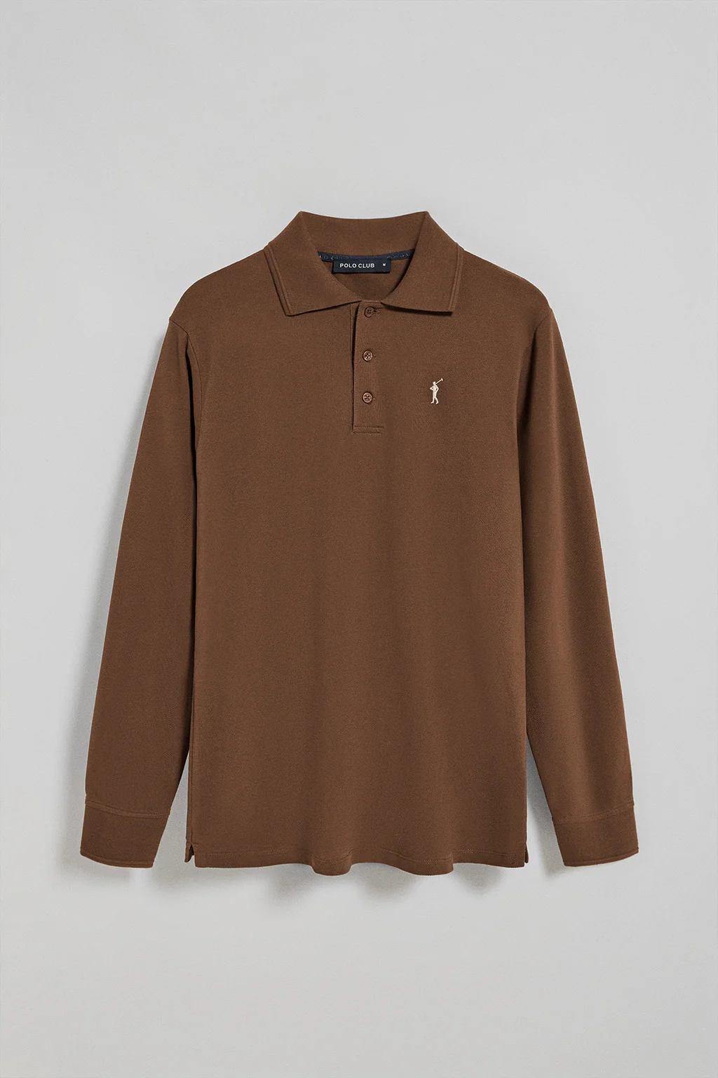 Brown long-sleeve polo shirt with three buttons and Rigby Go logo - Image 5