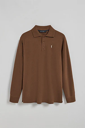 Brown long-sleeve polo shirt with three buttons and Rigby Go logo - Image 9