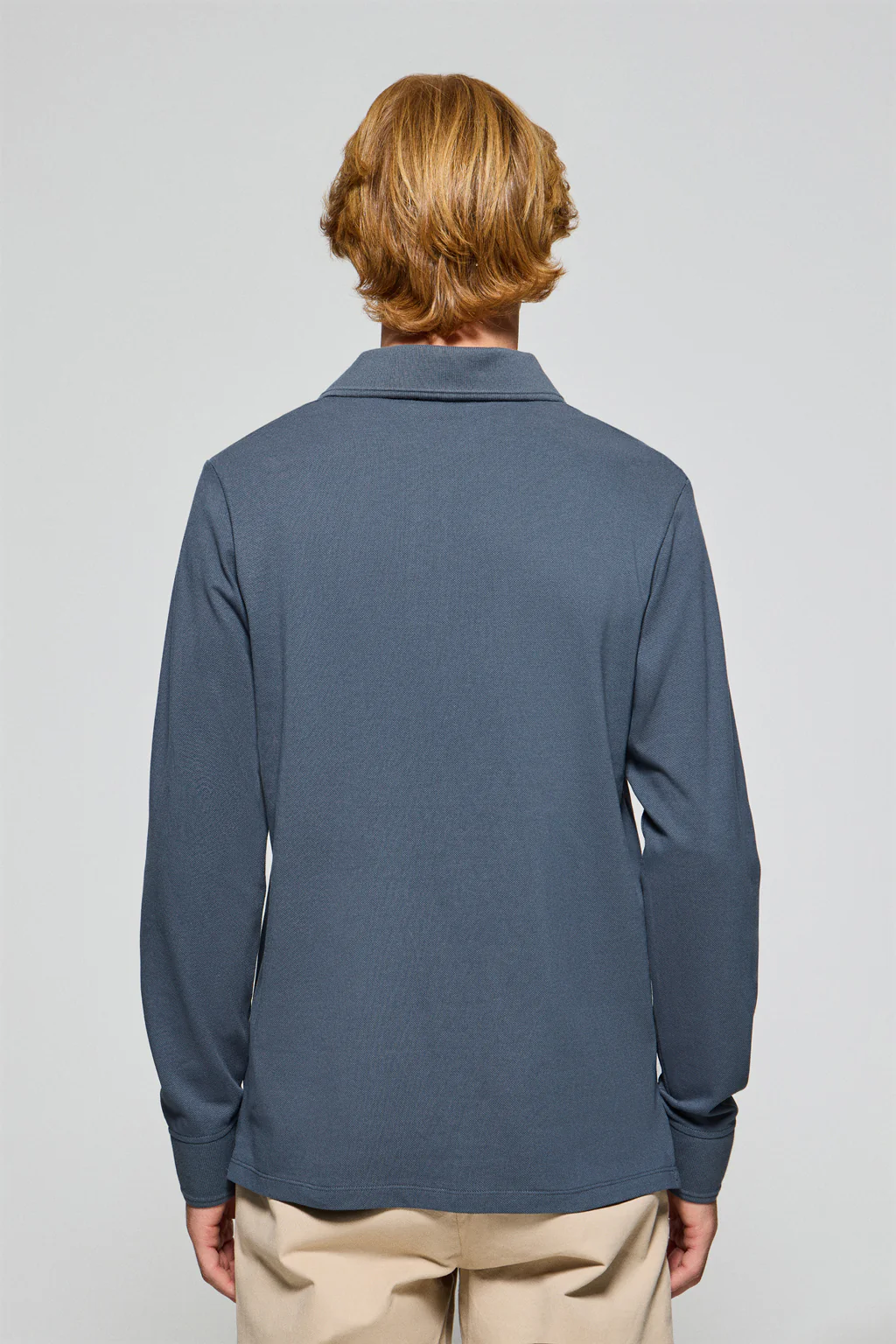 Denim-blue long-sleeve polo shirt with three buttons and Rigby Go logo - Image 2