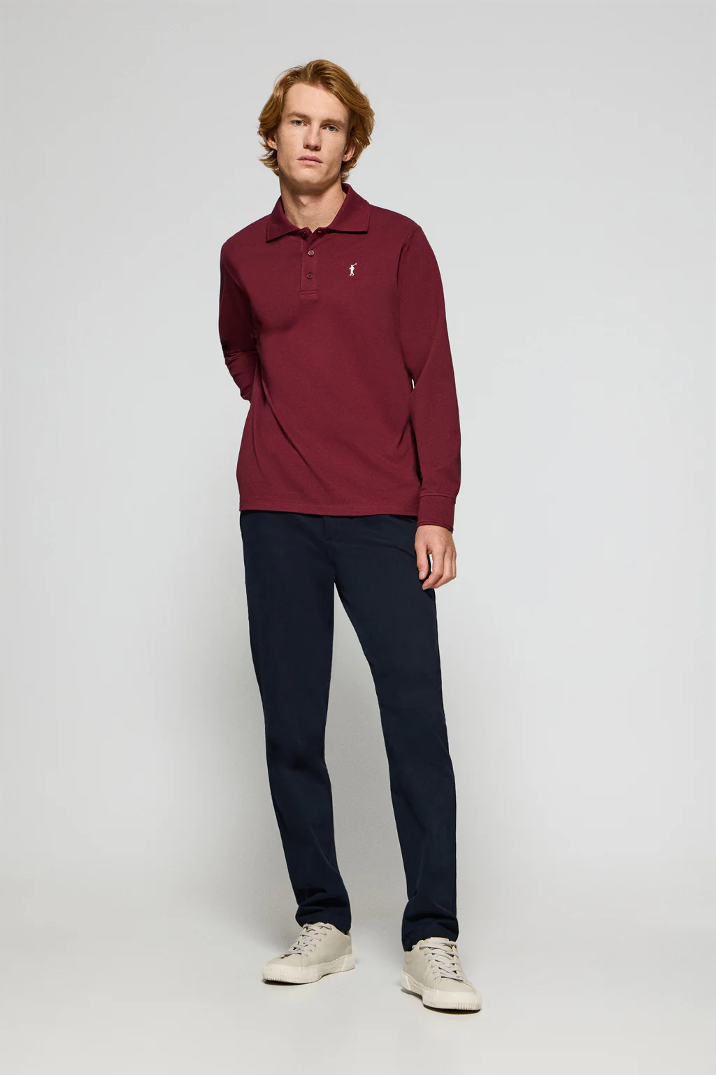 Maroon long-sleeve polo shirt with three buttons and Rigby Go logo - Image 4