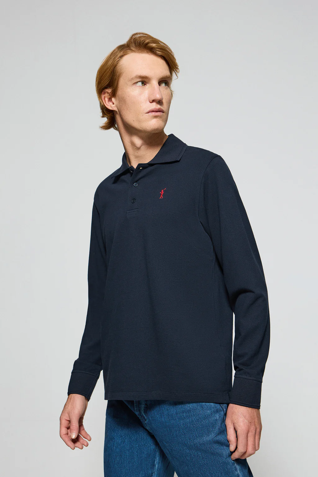 Navy-blue long-sleeve polo shirt with three buttons and Rigby Go logo
