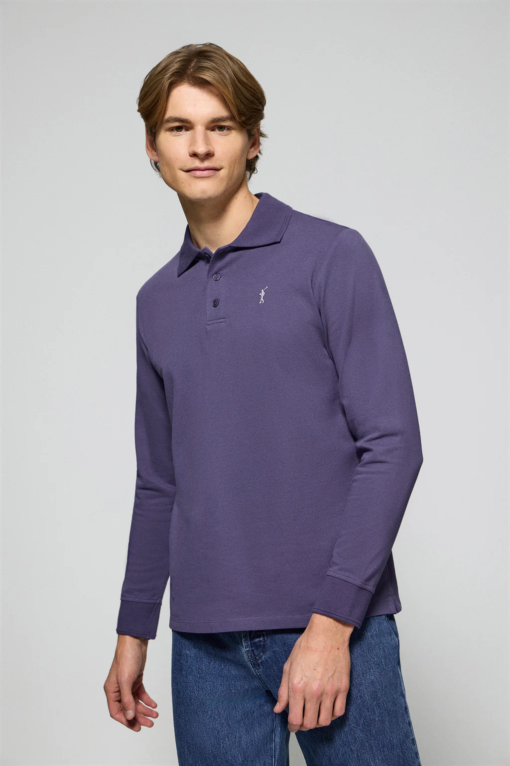 Ocean-blue long-sleeve polo shirt with three buttons and Rigby Go logo