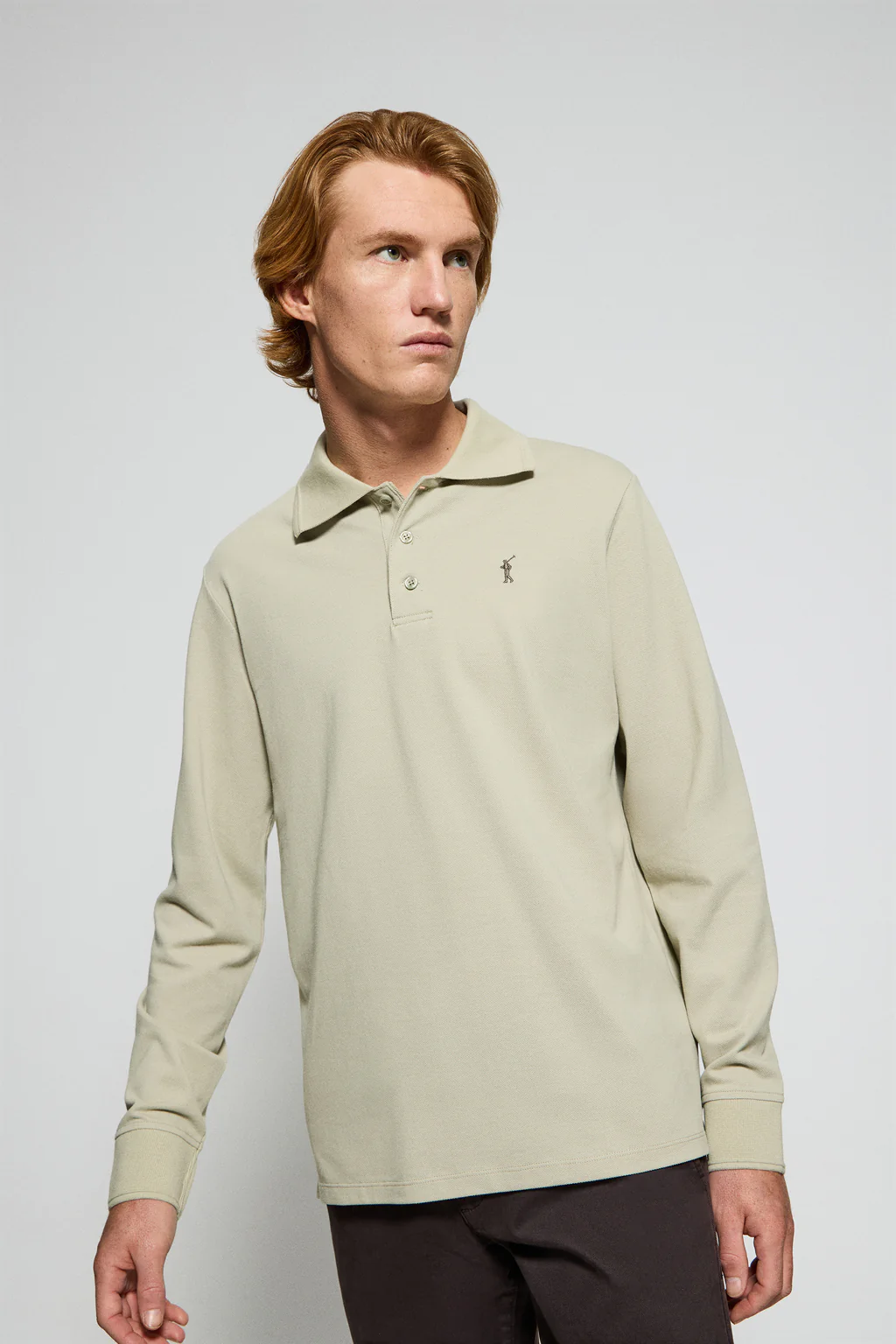 Stone-grey long-sleeve polo shirt with three buttons and Rigby Go logo
