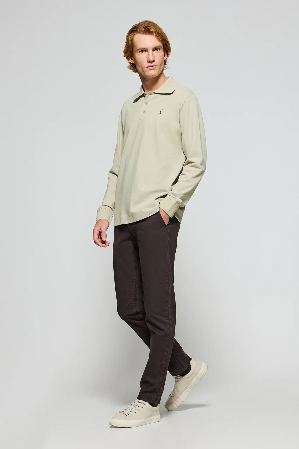 Stone-grey long-sleeve polo shirt with three buttons and Rigby Go logo - Image 4