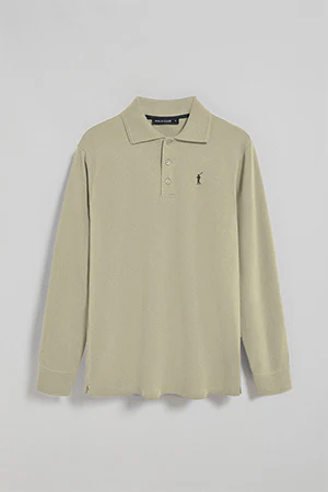 Stone-grey long-sleeve polo shirt with three buttons and Rigby Go logo - Image 9