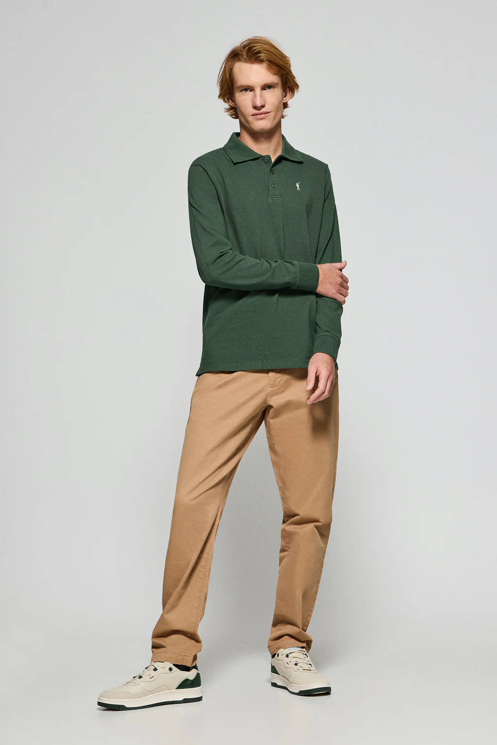 Green long-sleeve polo shirt with three buttons and Rigby Go logo - Image 4