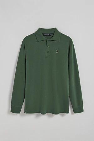 Green long-sleeve polo shirt with three buttons and Rigby Go logo - Image 9