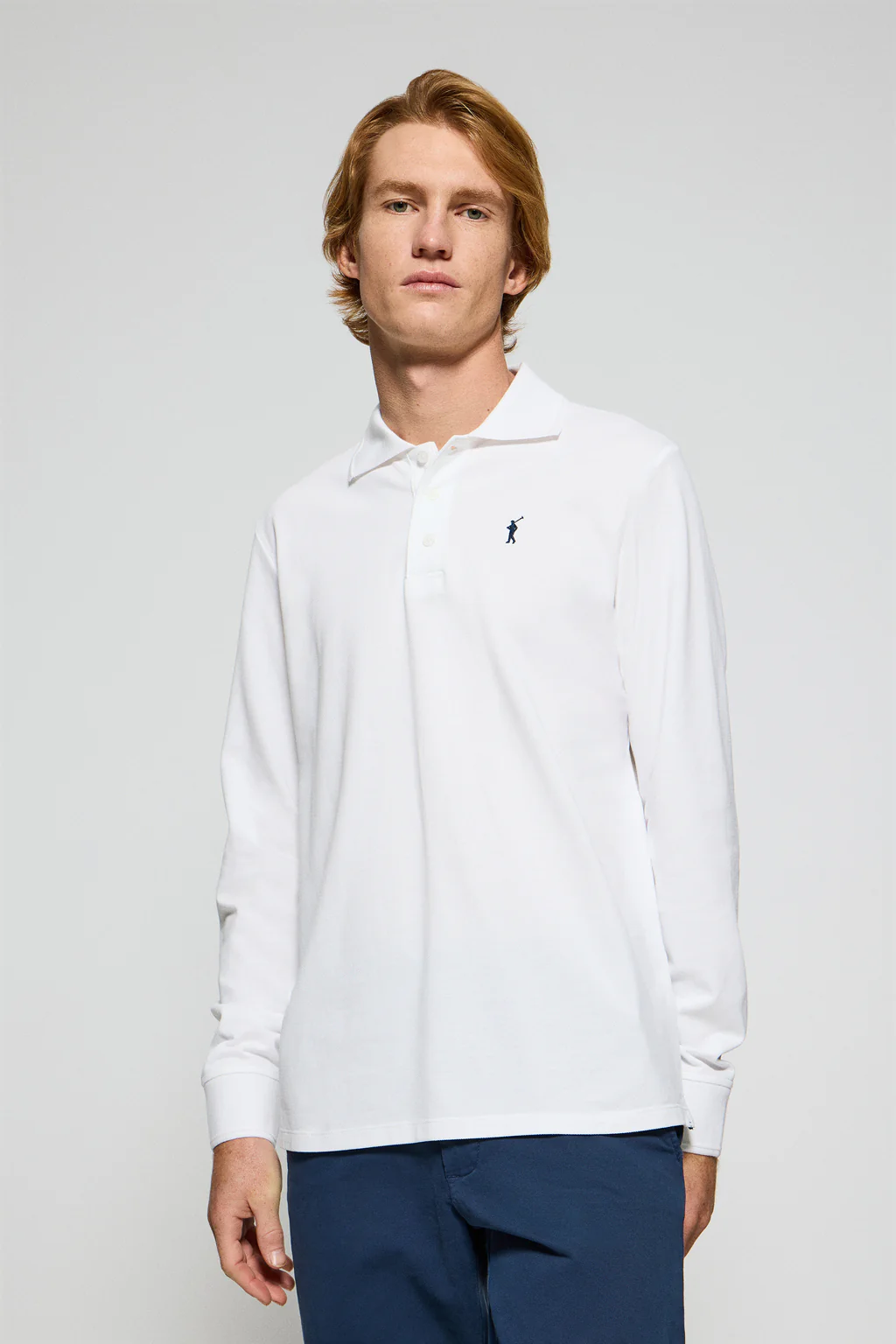 White long-sleeve polo shirt with three buttons and Rigby Go logo