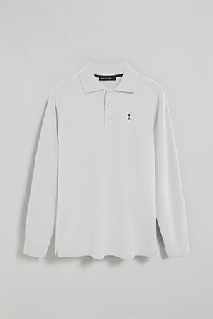 White long-sleeve polo shirt with three buttons and Rigby Go logo - Image 9
