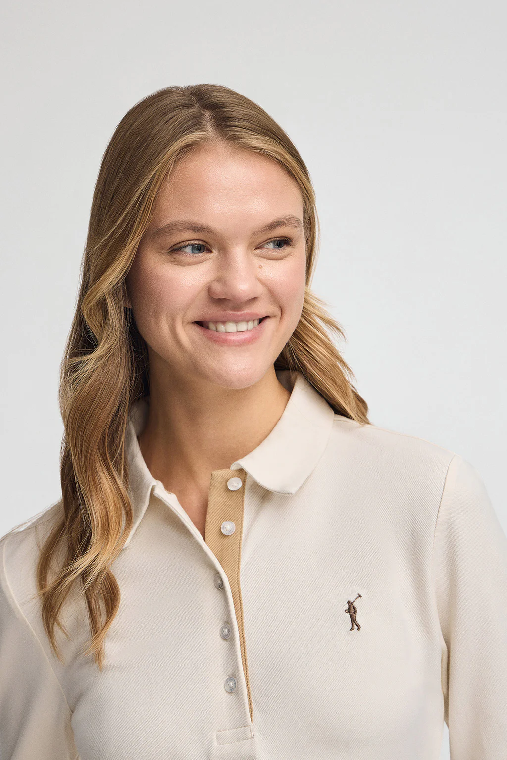 Nude polo shirt with contrast detailing and Rigby Go embroidery