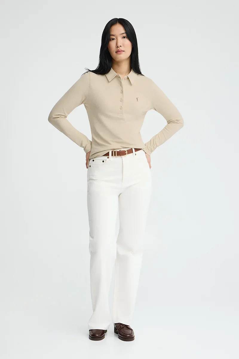 Beige long-sleeve slim-fit polo shirt with Rigby Go embroidery - Image 3