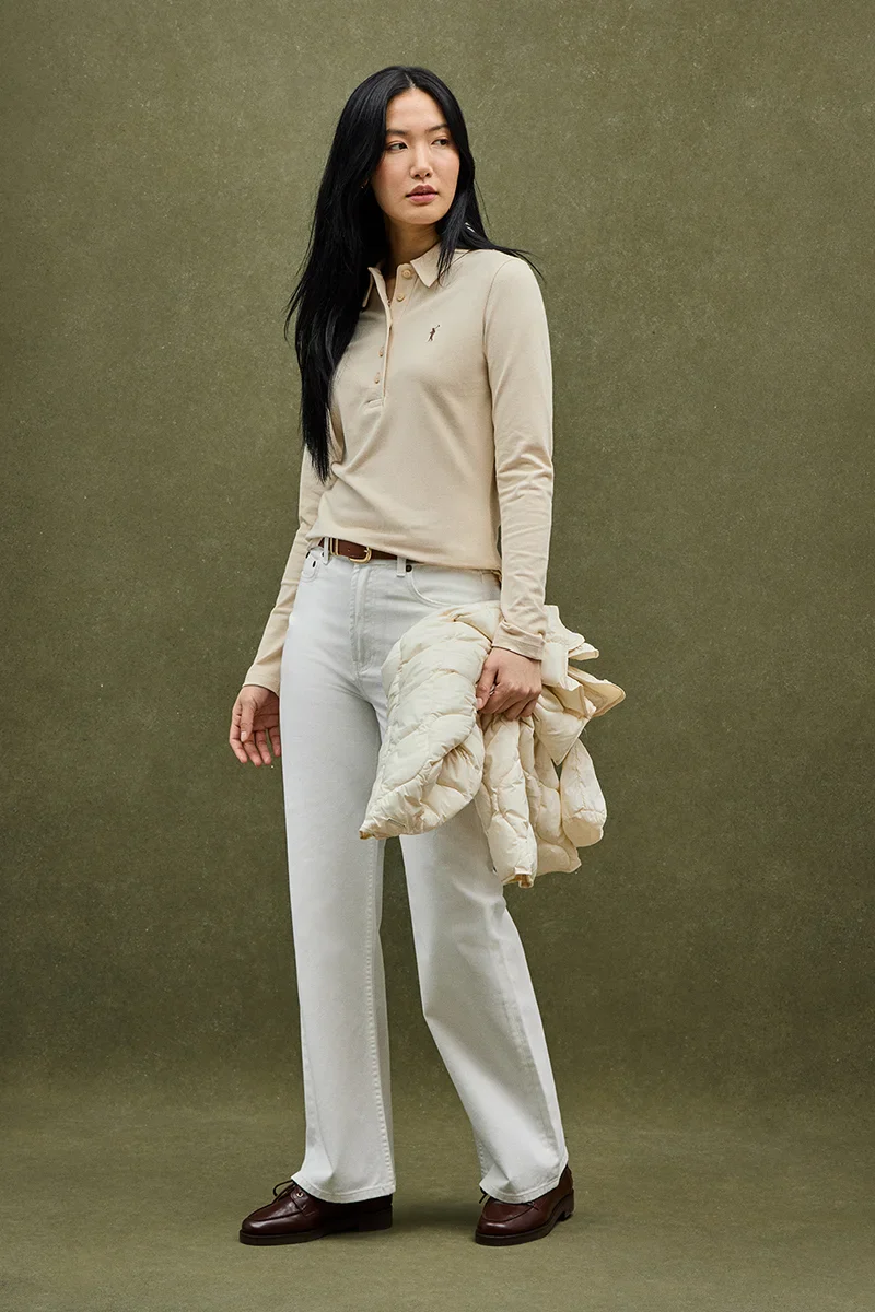 Beige long-sleeve slim-fit polo shirt with Rigby Go embroidery - Image 5