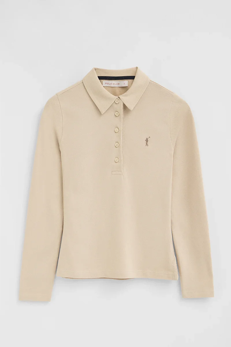 Beige long-sleeve slim-fit polo shirt with Rigby Go embroidery - Image 9